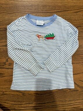 Little English Blue & White Stripe Long-Sleeve Shirt with Holiday Dog and Sled
